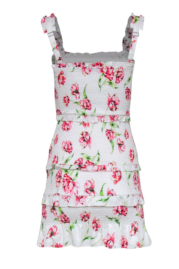 Current Boutique-Parker - White, Pink & Green Floral Print Smocked Ruffled Sheath Dress Sz XS