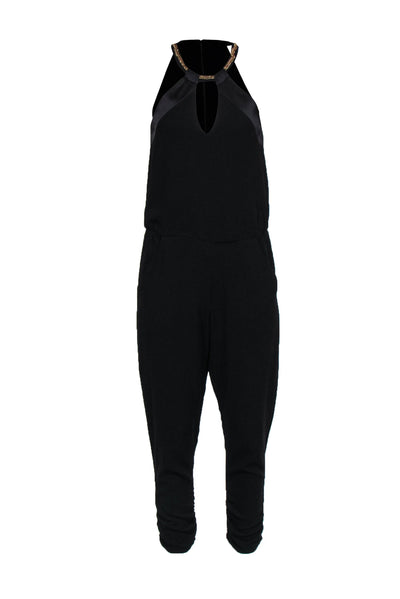 Current Boutique-Parker - Black Mock-Halter Neck Jumpsuit w/ Gold-Toned Chain Sz XS