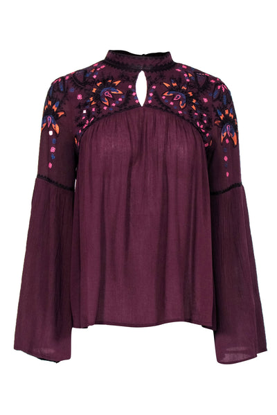 Current Boutique-Parker - Burgundy Peasant Blouse w/ Floral Design Sz S