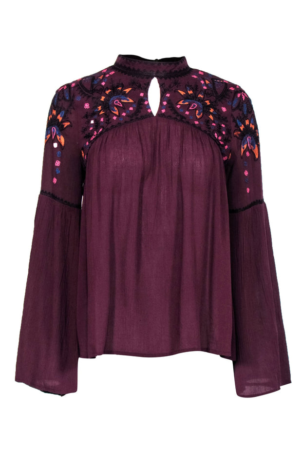 Current Boutique-Parker - Burgundy Peasant Blouse w/ Floral Design Sz S
