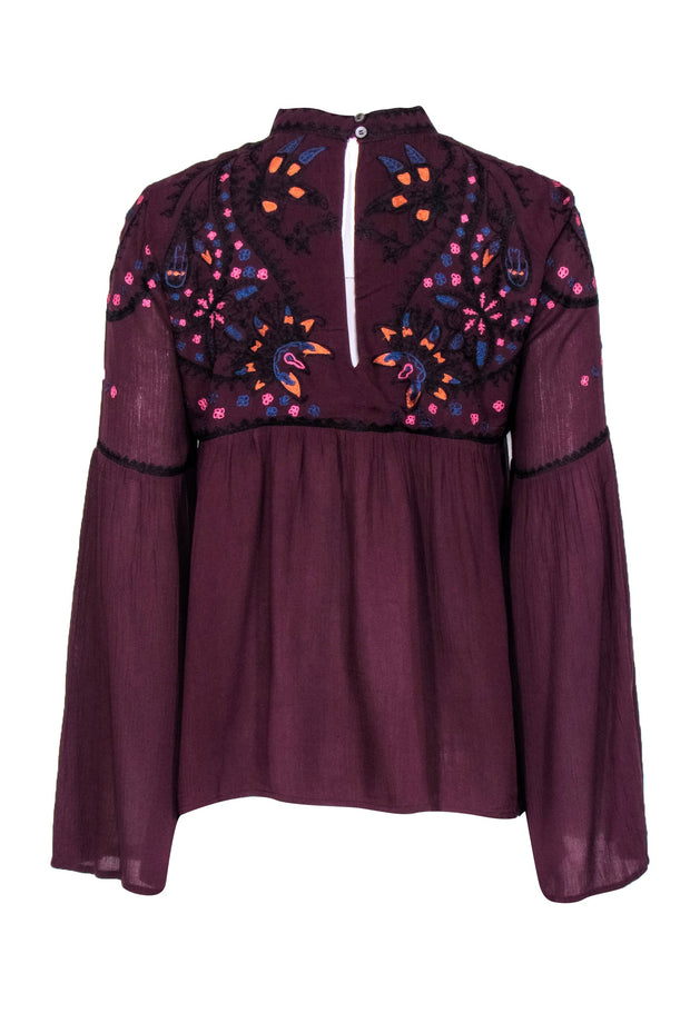 Current Boutique-Parker - Burgundy Peasant Blouse w/ Floral Design Sz S