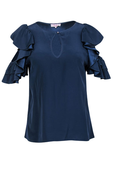 Current Boutique-Parker - Navy Silk Cold Shoulder Blouse w/ Ruffles Sz S