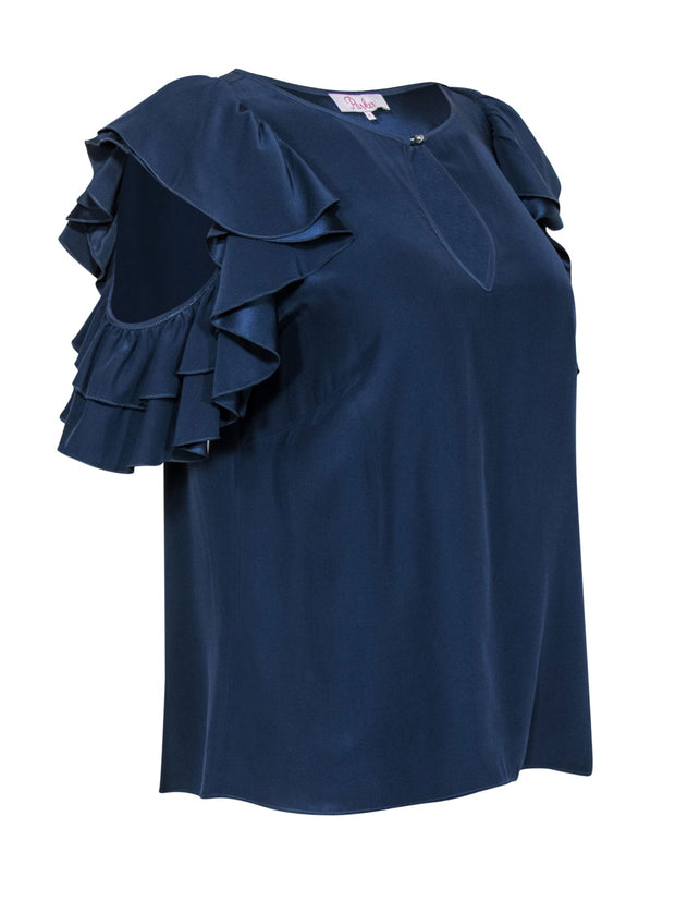 Current Boutique-Parker - Navy Silk Cold Shoulder Blouse w/ Ruffles Sz S