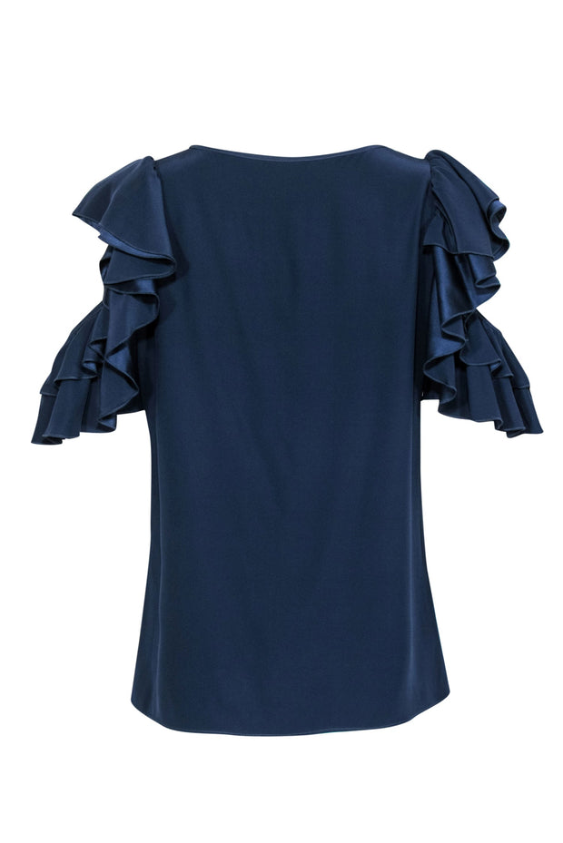 Current Boutique-Parker - Navy Silk Cold Shoulder Blouse w/ Ruffles Sz S