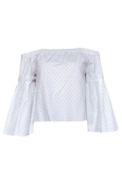 Current Boutique-Parker - White & Blue Spotted Embroidered Off-the-Shoulder Long Sleeve Blouse Sz S