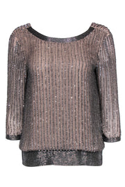 Current Boutique-Parker - Beige & Silver Sequin & Beaded Long Sleeve Blouse Sz XS