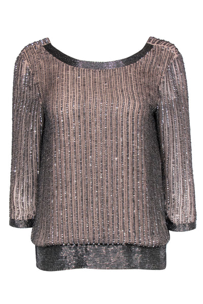 Current Boutique-Parker - Beige & Silver Sequin & Beaded Long Sleeve Blouse Sz XS