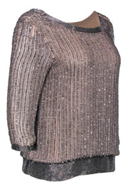 Current Boutique-Parker - Beige & Silver Sequin & Beaded Long Sleeve Blouse Sz XS