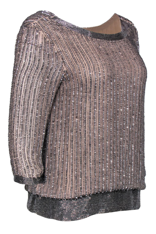 Current Boutique-Parker - Beige & Silver Sequin & Beaded Long Sleeve Blouse Sz XS
