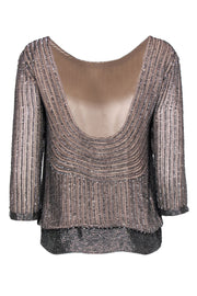 Current Boutique-Parker - Beige & Silver Sequin & Beaded Long Sleeve Blouse Sz XS