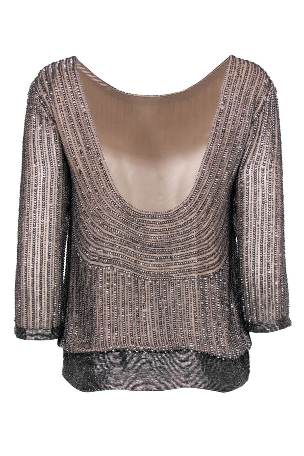Current Boutique-Parker - Beige & Silver Sequin & Beaded Long Sleeve Blouse Sz XS