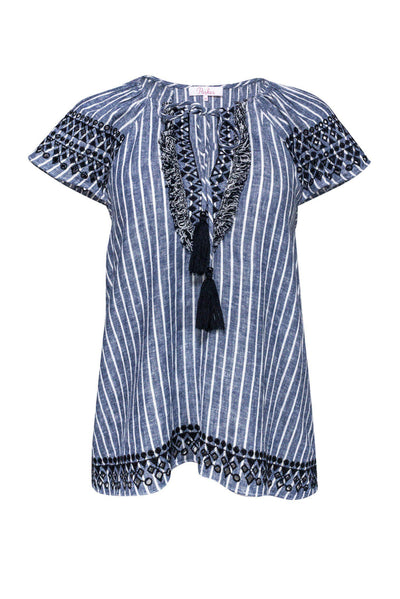 Current Boutique-Parker - Chambray & White Linen Embroidered Blouse Sz XS