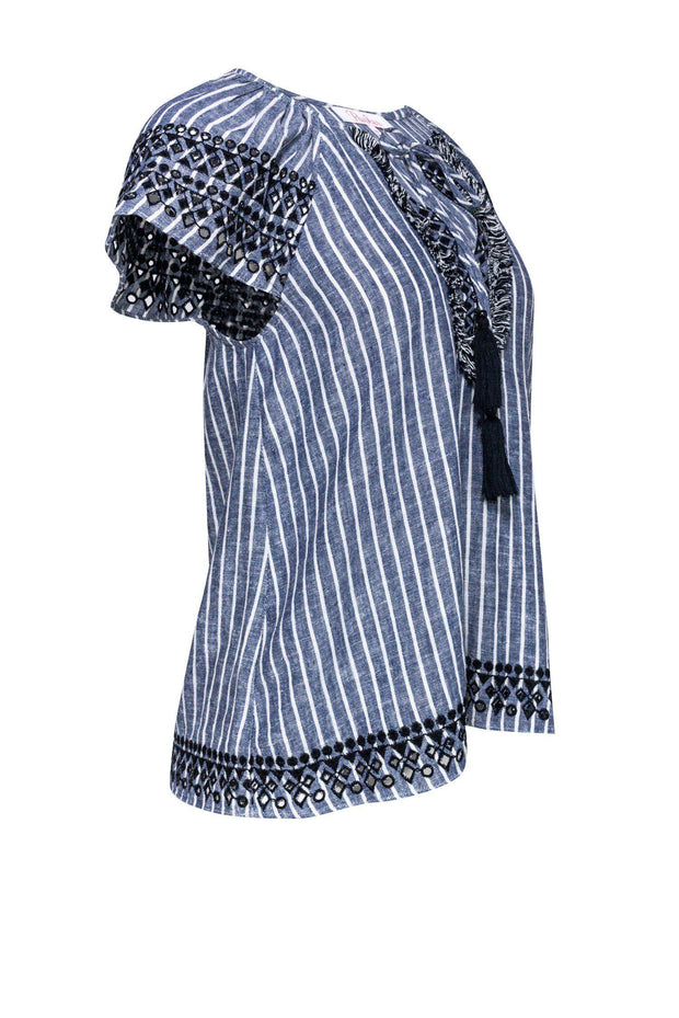 Current Boutique-Parker - Chambray & White Linen Embroidered Blouse Sz XS
