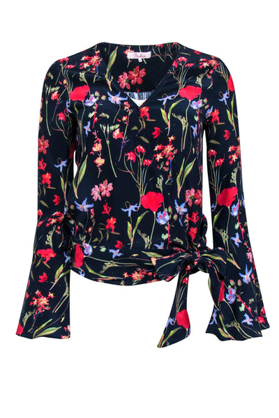 Current Boutique-Parker - Navy & Multicolor Floral Bell Sleeve Silk Wrap Blouse Sz XS