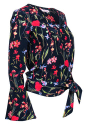 Current Boutique-Parker - Navy & Multicolor Floral Bell Sleeve Silk Wrap Blouse Sz XS