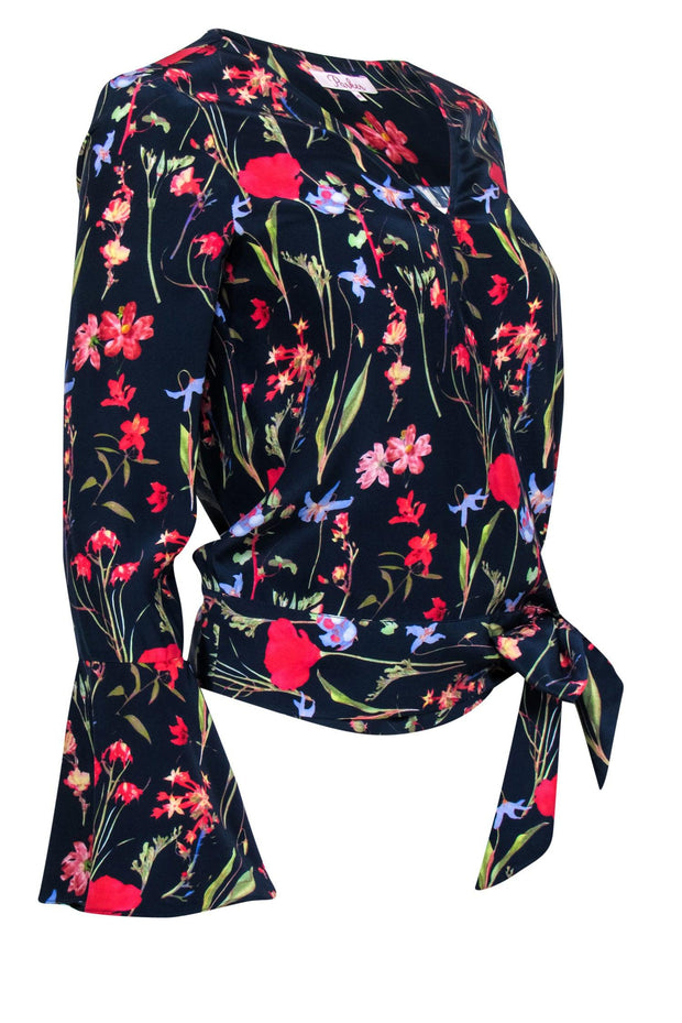 Current Boutique-Parker - Navy & Multicolor Floral Bell Sleeve Silk Wrap Blouse Sz XS