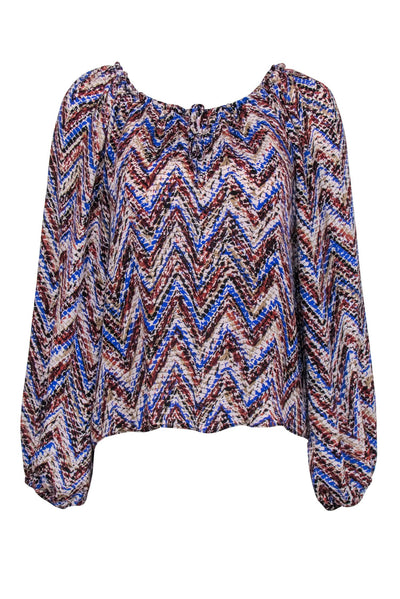 Current Boutique-Parker - Blue, Brown, & Tan Chevron Silk Long Sleeve Peasant Blouse Sz XS