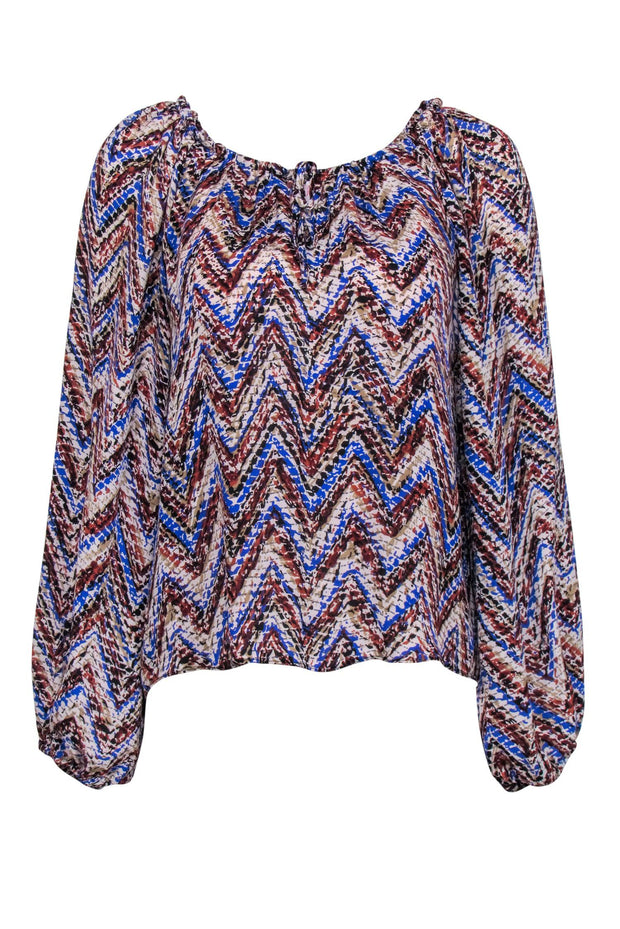 Current Boutique-Parker - Blue, Brown, & Tan Chevron Silk Long Sleeve Peasant Blouse Sz XS