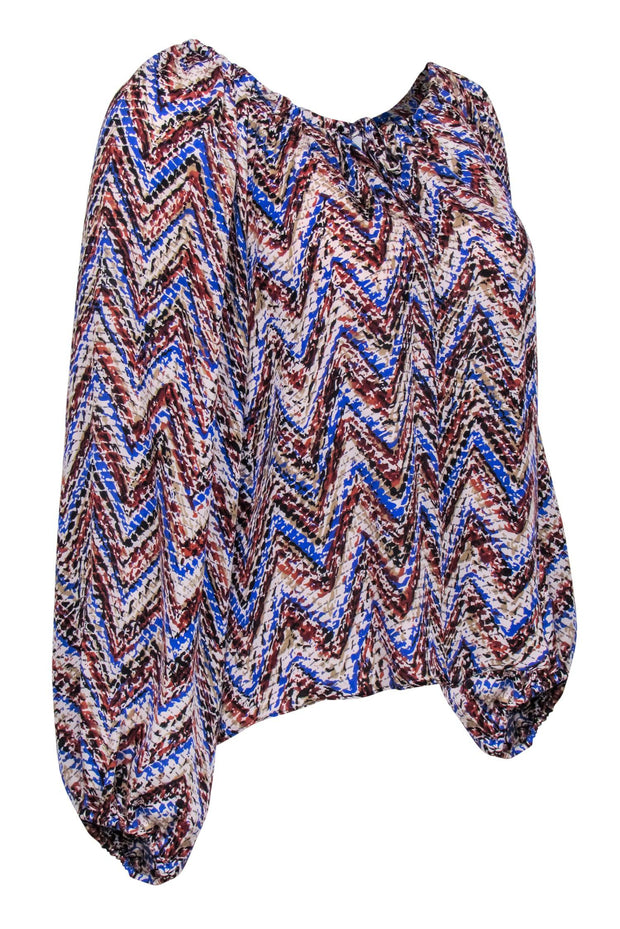 Current Boutique-Parker - Blue, Brown, & Tan Chevron Silk Long Sleeve Peasant Blouse Sz XS