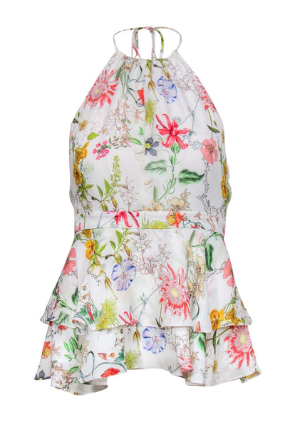 Current Boutique-Parker - White & Multicolored Floral Print Ruffle Halter Top Sz XS
