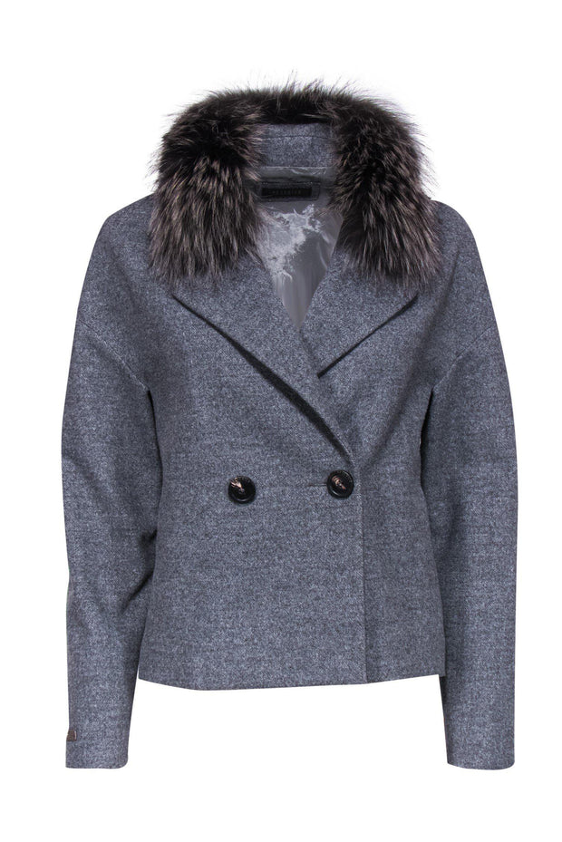 Current Boutique-Peserico - Grey Cropped Jacket w/ Grey Fox Fur Collar Sz 4