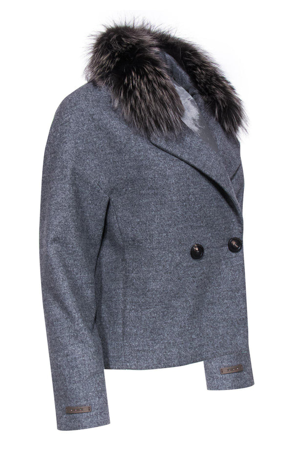 Current Boutique-Peserico - Grey Cropped Jacket w/ Grey Fox Fur Collar Sz 4