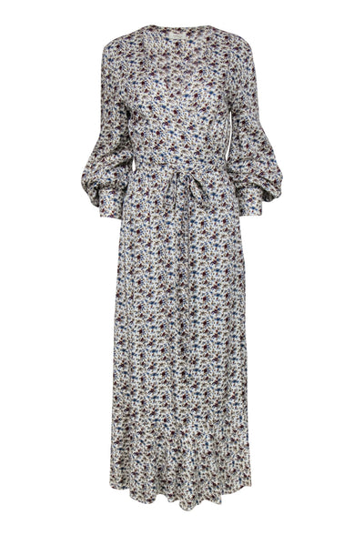 Current Boutique-Petersyn - Cream, Burgundy & Blue Floral Print Wrap Maxi Dress Sz L