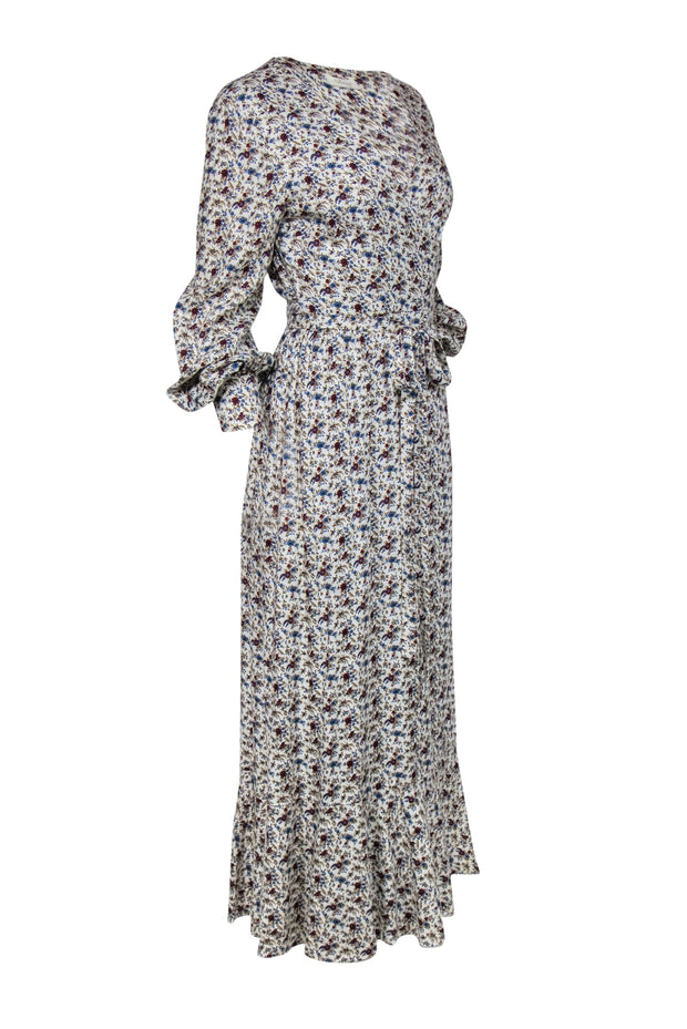 Current Boutique-Petersyn - Cream, Burgundy & Blue Floral Print Wrap Maxi Dress Sz L