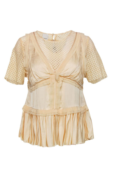 Current Boutique-Pinko - Cream Short Sleeved Mesh Ruffle Top Sz