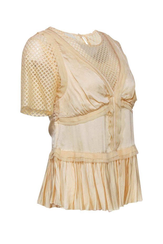 Current Boutique-Pinko - Cream Short Sleeved Mesh Ruffle Top Sz