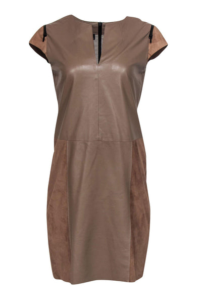 Current Boutique-Porsche Design - Taupe Leather & Suede Notch Neckline Sheath Dress Sz L