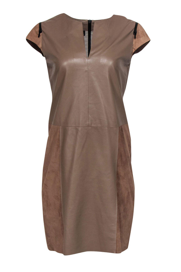 Current Boutique-Porsche Design - Taupe Leather & Suede Notch Neckline Sheath Dress Sz L