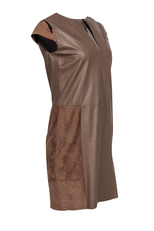 Current Boutique-Porsche Design - Taupe Leather & Suede Notch Neckline Sheath Dress Sz L