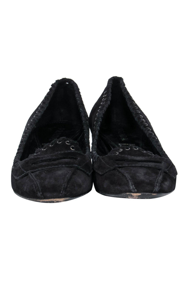Current Boutique-Prada - Black Suede Block Heel Loafers w/ Eyelet Lace-Up Trim Sz 9.5