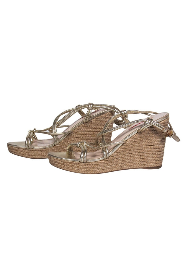 Current Boutique-Prada - Gold Strappy Woven Wedges Sz 10.5