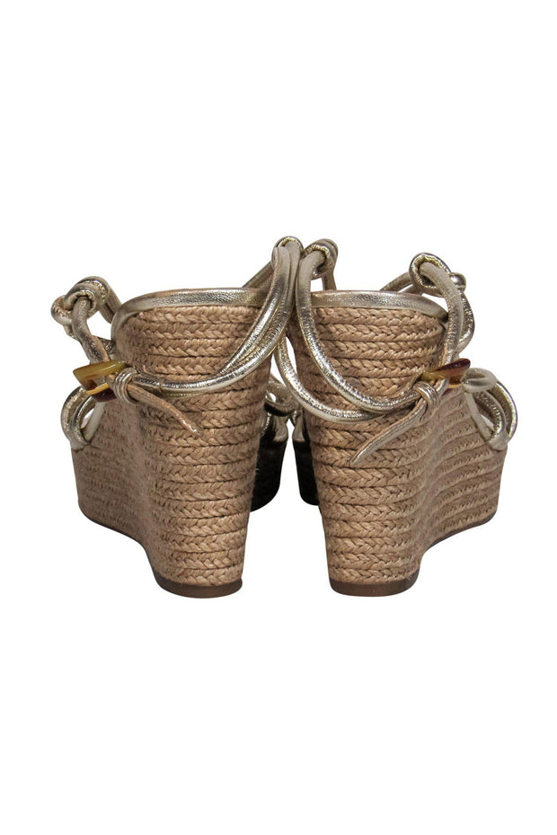Current Boutique-Prada - Gold Strappy Woven Wedges Sz 10.5