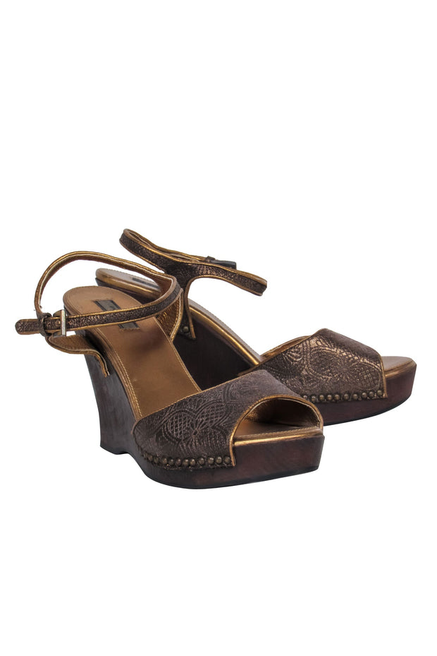 Current Boutique-Prada - Dark Gold Textured Platform Wedges Sz 8