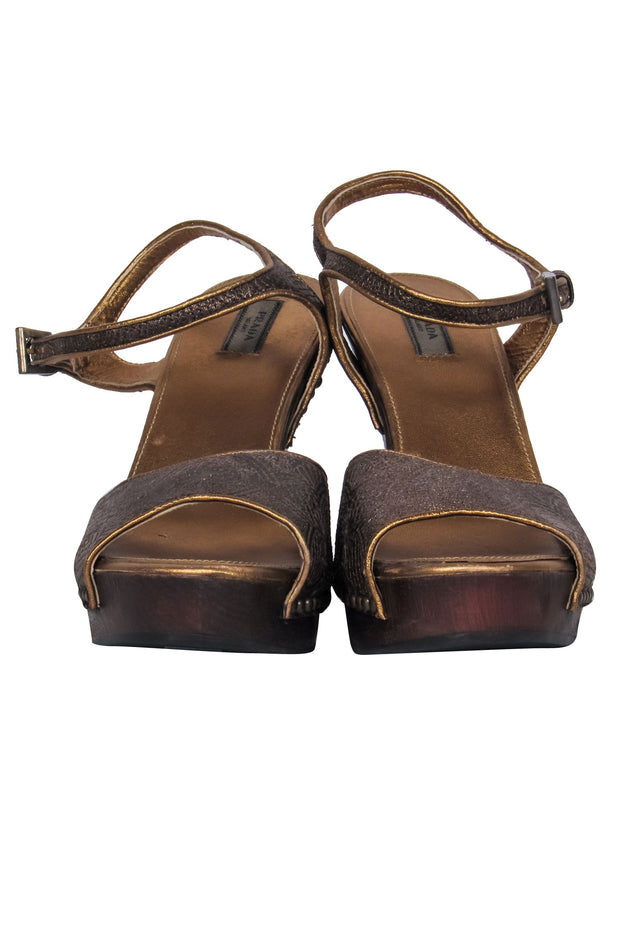 Current Boutique-Prada - Dark Gold Textured Platform Wedges Sz 8
