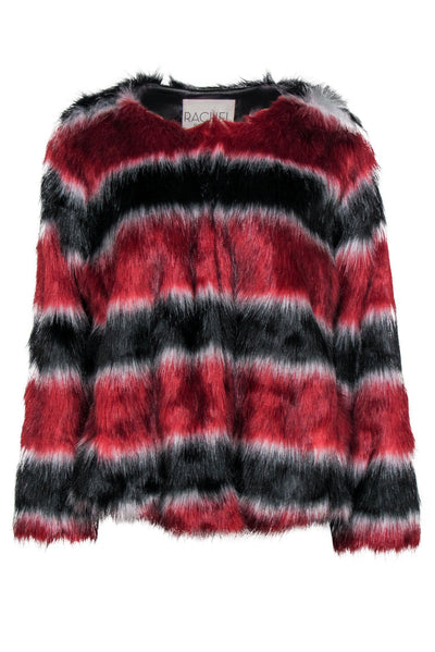 Current Boutique-Rachel Rachel Roy - Red & Black Striped Faux Fur Coat Sz 0X