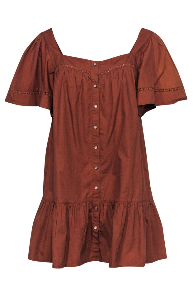 Current Boutique-Rahi - Burnt Orange Button-Up Shift Dress w/ Floral Lace Trim & Peplum Hem Sz M