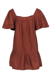 Current Boutique-Rahi - Burnt Orange Button-Up Shift Dress w/ Floral Lace Trim & Peplum Hem Sz M