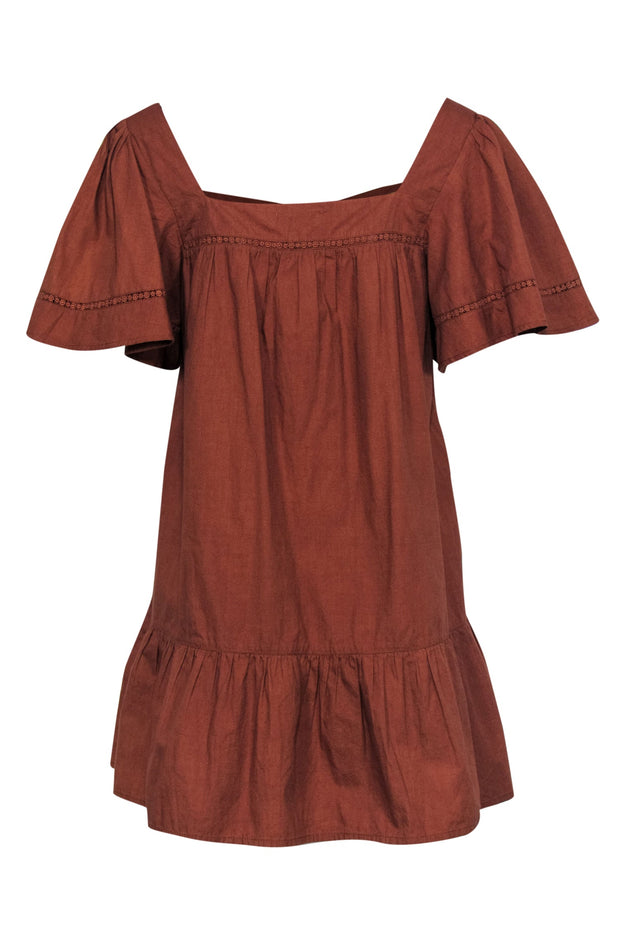 Current Boutique-Rahi - Burnt Orange Button-Up Shift Dress w/ Floral Lace Trim & Peplum Hem Sz M