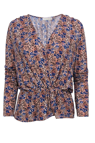 Current Boutique-Ramy Brook - Tan & Blue Leopard Print Peplum Blouse Sz M