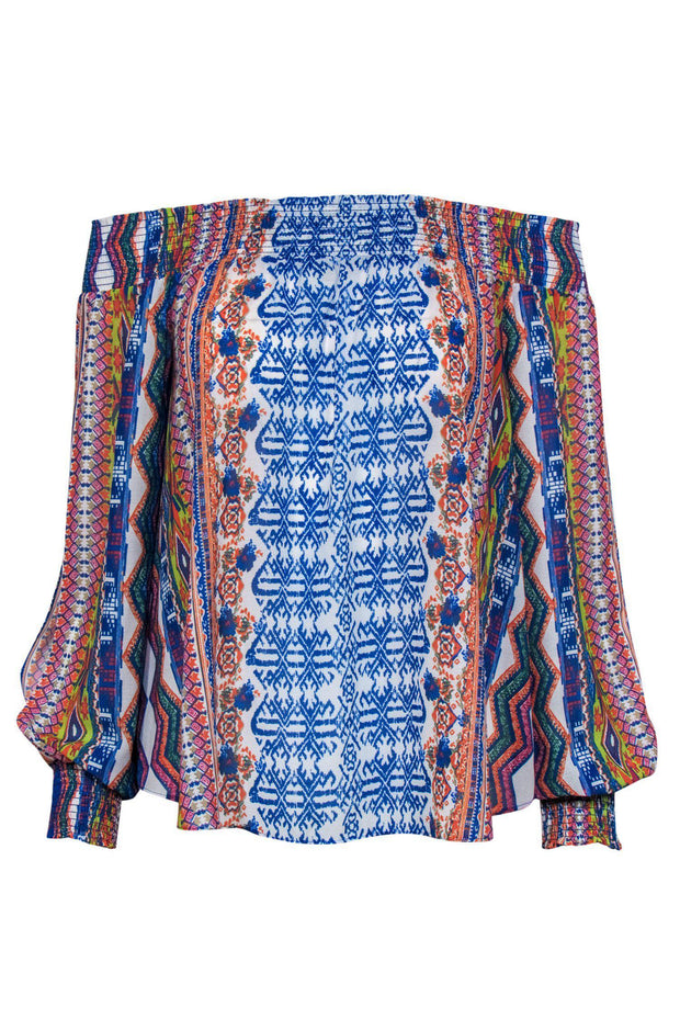 Current Boutique-Ramy Brook - Multicolored Aztec Print Long Sleeve Off-the-Shoulder Blouse Sz XS/S