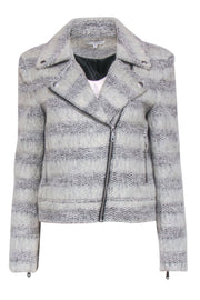 Current Boutique-Rebecca Minkoff - Light Grey & Black Striped Fuzzy Moto-Style Jacket Sz M