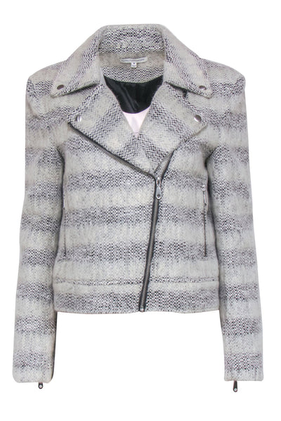 Current Boutique-Rebecca Minkoff - Light Grey & Black Striped Fuzzy Moto-Style Jacket Sz M