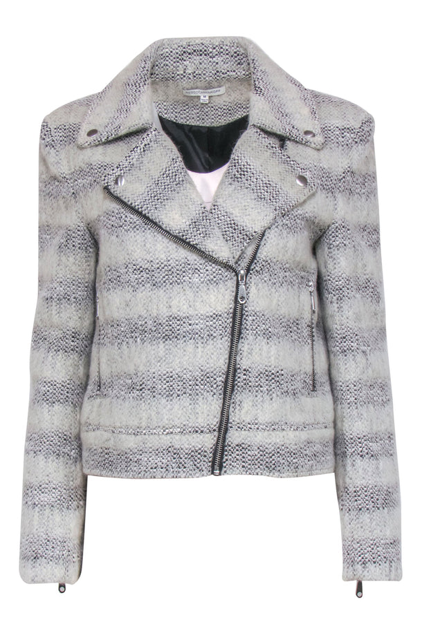 Current Boutique-Rebecca Minkoff - Light Grey & Black Striped Fuzzy Moto-Style Jacket Sz M