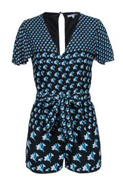 Current Boutique-Rebecca Minkoff - Black & Blue Floral Print Belted Romper w/ Back Cutout Sz 2