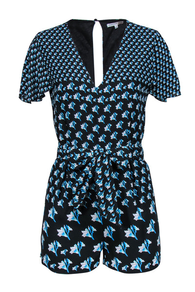 Current Boutique-Rebecca Minkoff - Black & Blue Floral Print Belted Romper w/ Back Cutout Sz 2