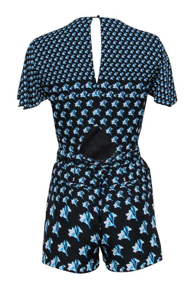 Current Boutique-Rebecca Minkoff - Black & Blue Floral Print Belted Romper w/ Back Cutout Sz 2